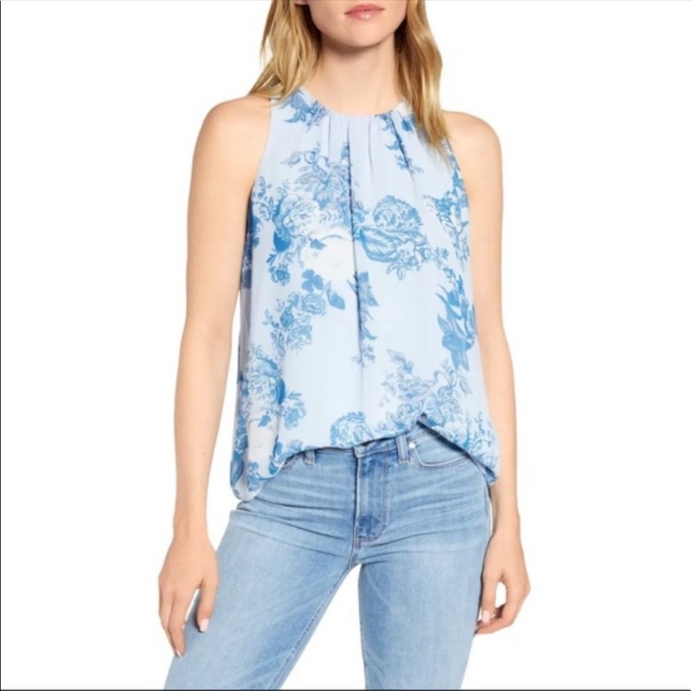 Vince Camuto Blue Floral Chiffon Sleeveless Blouse XS